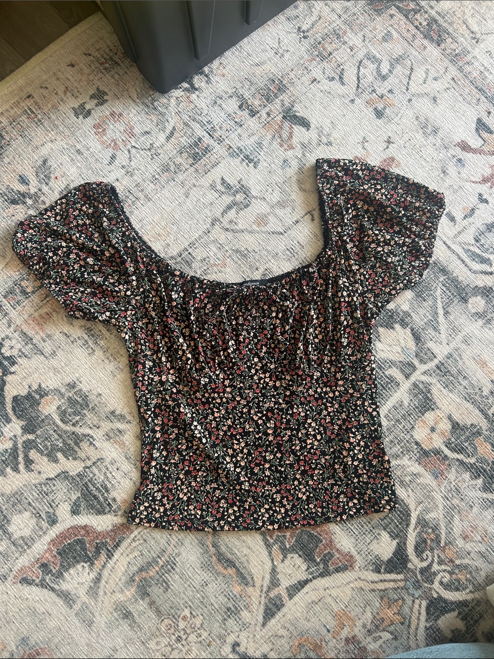 Ambiance Black Floral Square-Neck Puff Sleeve Crop Top